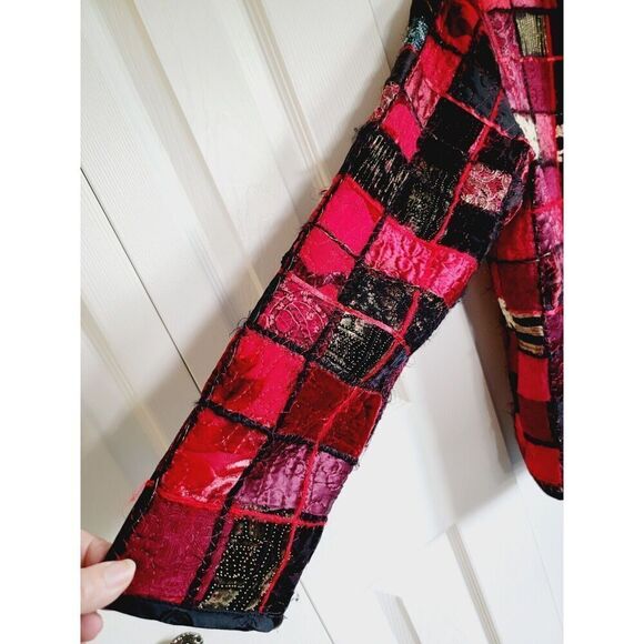 Chico's Design 1 Jacket‎ Medium Red Black Patchwork Quilted Silk Blend Blazer - Picture 6 of 8